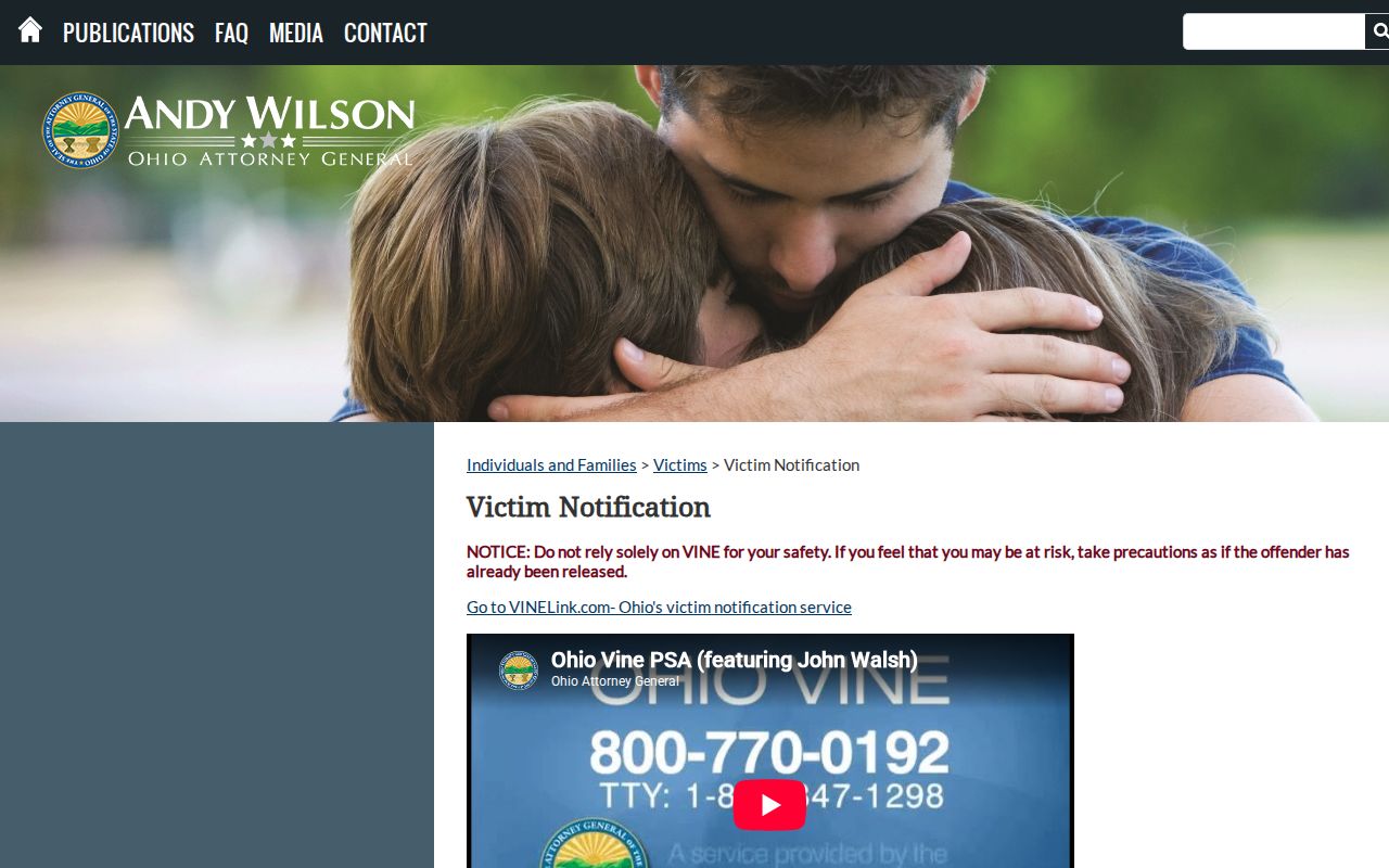 Ohio warning for Darke County VINELink release notification verification