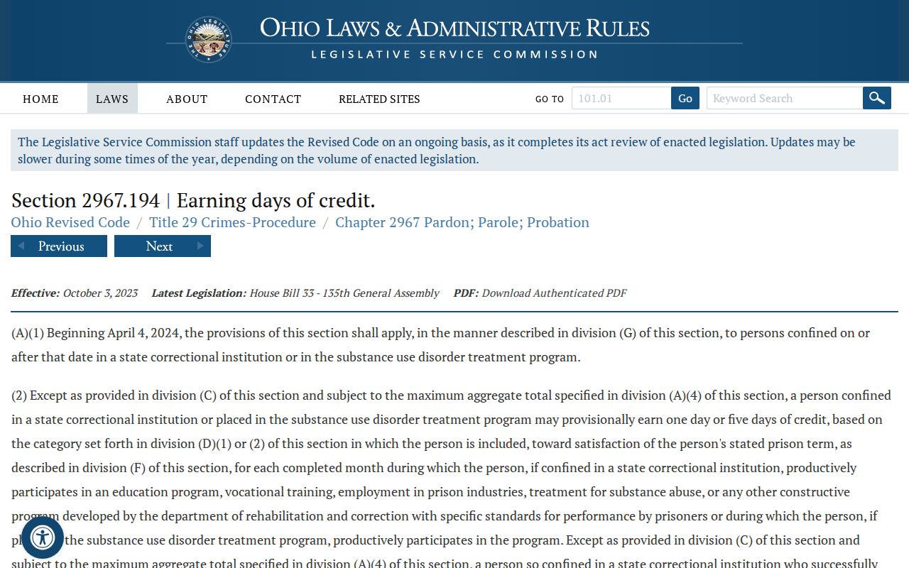 Ohio earned-credit law affecting a Darke County state inmate release date