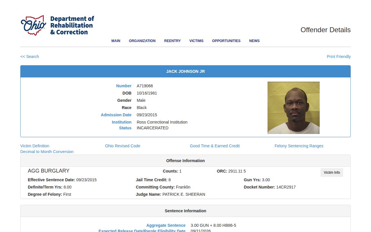 Incarcerated ODRC example for Darke County inmate release date review