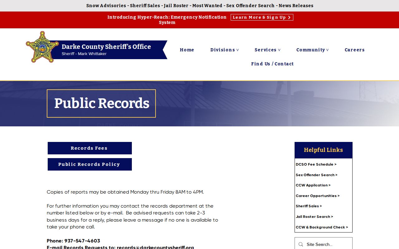 Darke County Sheriff release records request information